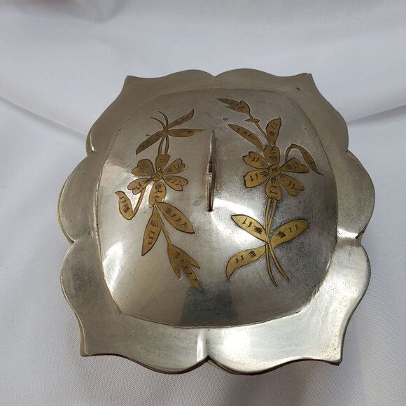 Vintage Silver Tone Brass Inlay Jewelry Trinket Box Floral Design Made in India - Picture 2 of 16
